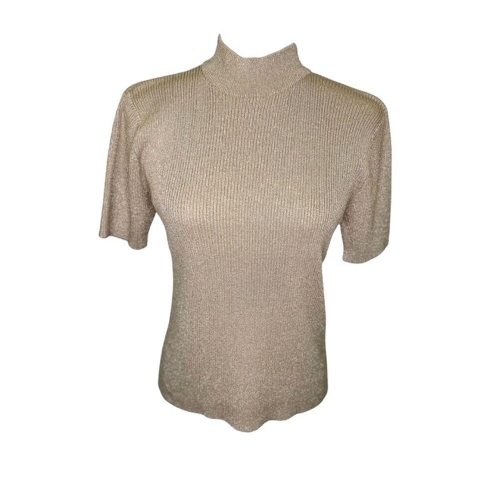 NEK Northeast Knitters Beige Silver Metallic Ribbed Short Sleeve Mock Neck Top